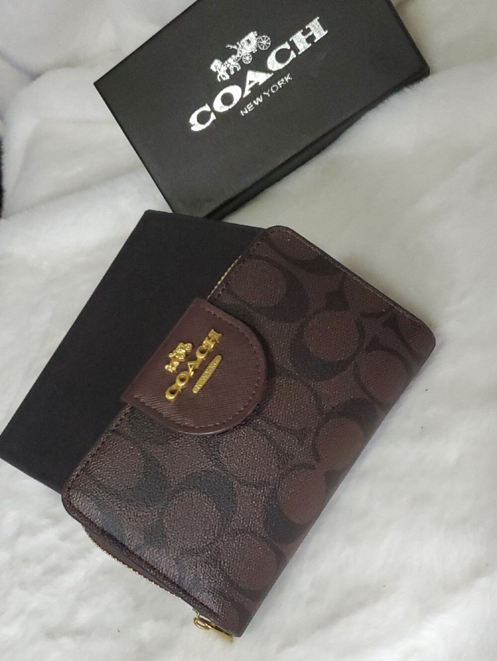 Coach Brown Signature Compact Wallet with Gold Accent - Picture 3 of 9